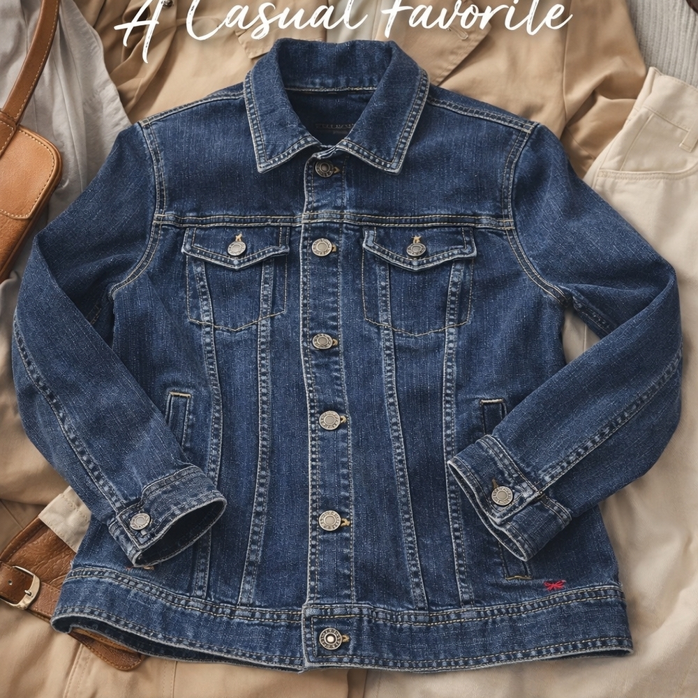 Talbots Women's Blue Denim Classic Jean Jacket Size Small Embroidered Dragonfly